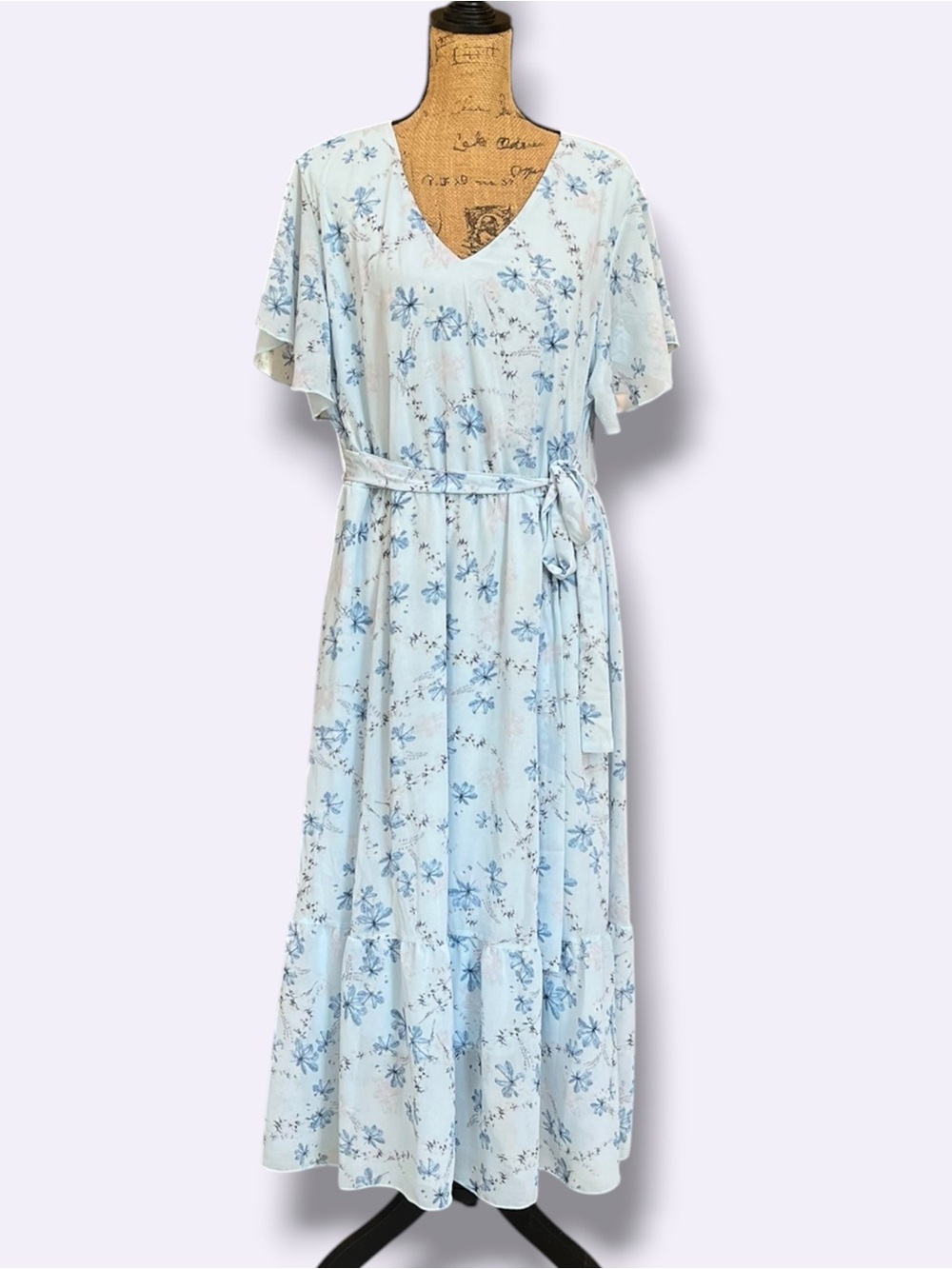 Light Blue Floral midi Dress with Tie Waist